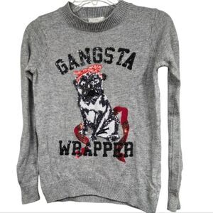 H&M Gangsta Wrapper Sequin Pug Dog Gray Crew Neck Sweater Urban Hip Christmas XS